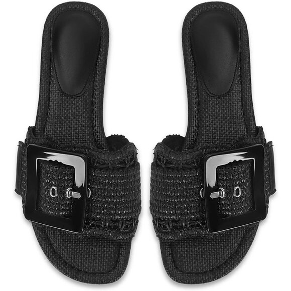 Women's Black Buckle Straw Flats Woven Braided Rattan Slides Summer Sandals - Picture 6 of 7
